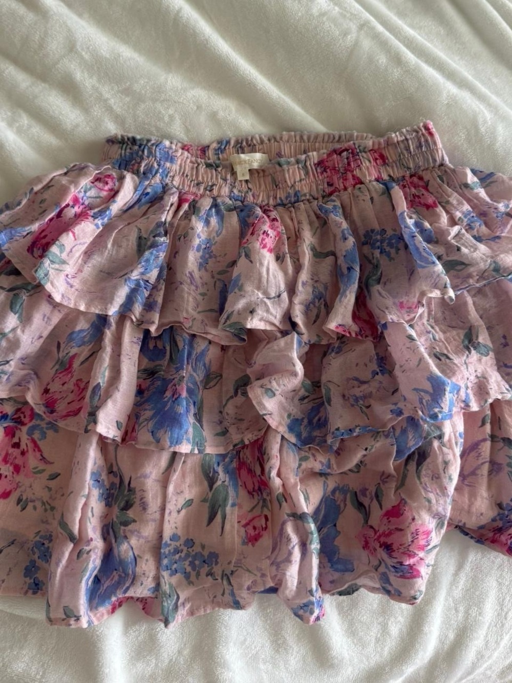 LoveShackFancy Pink Floral Ruffled Tiered Mini Skirt